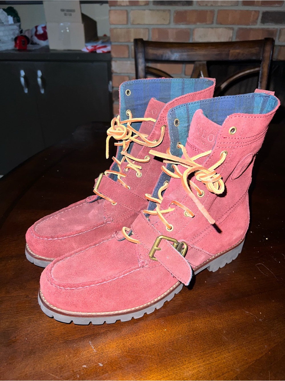 Polo Ralph Lauren Ranger Boots Mens 12D Burgundy Suede Leather Buckle Plaid